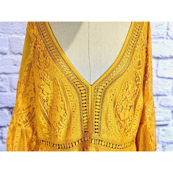 Womens Boho Maxi Floral Lace Boho Party Dress V Neck Flowy Long‎ Yellow Size 20 - Picture 10 of 16